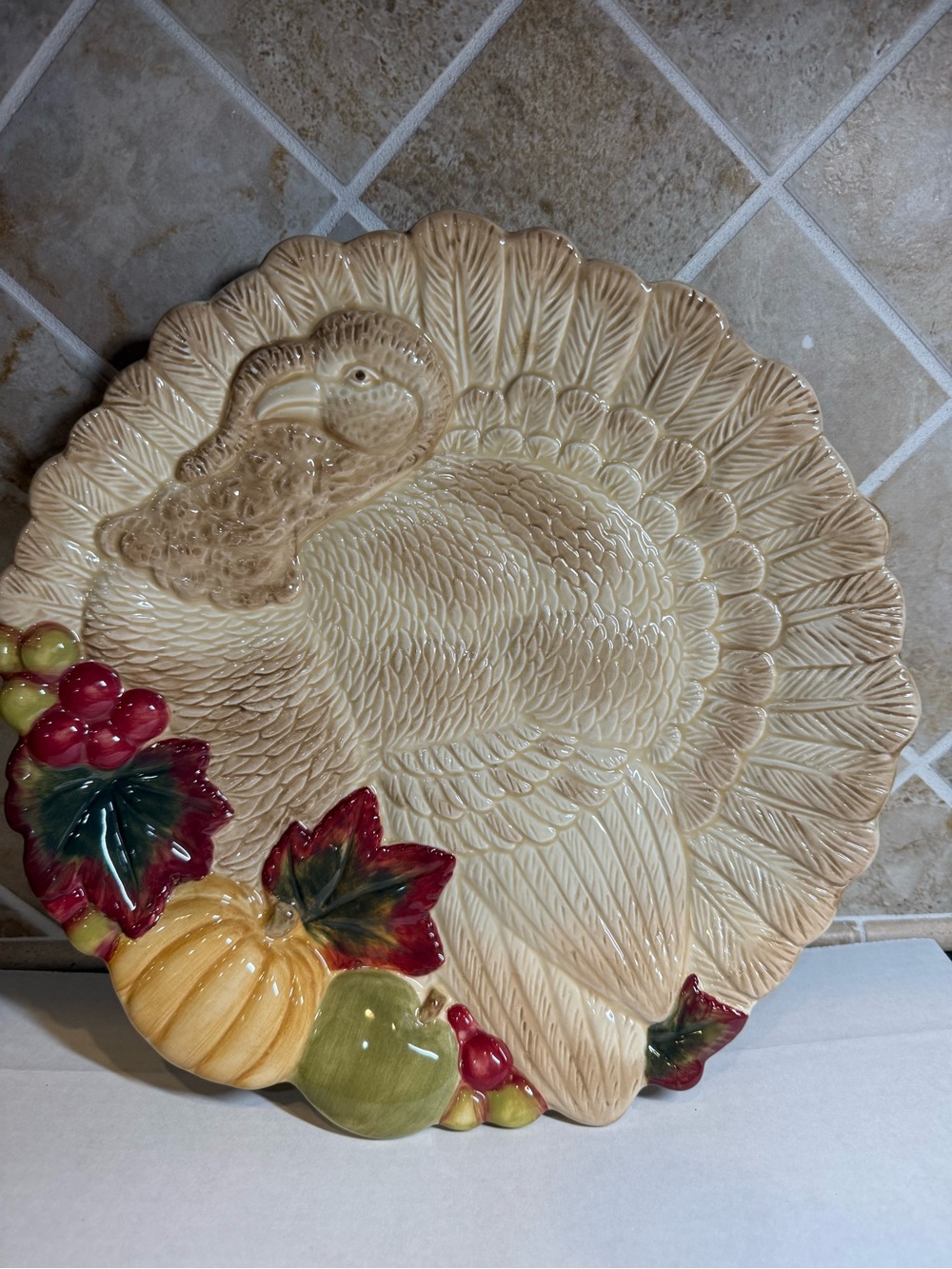 Thanksgiving Harvest Turkey w/ Autumn Leaves & Fall Fruits 12" Ceramic Platter